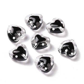Glass Heart Beads, with Enamel, Bead in Bead, Black, 12x11.5~12.5x6.5~7mm, Hole: 0.8~1mm