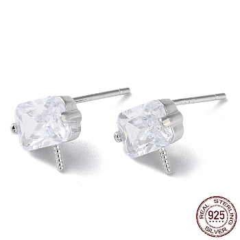 Rhodium Plated 925 Sterling Silver Rectangle Stud Earring Settings, with Micro Pave Clear Cubic Zirconia, for Half Drilled Beads, with S925 Stamp, Real Platinum Plated, 7.5x8mm, Pin: 11x0.8mm and 0.7mm