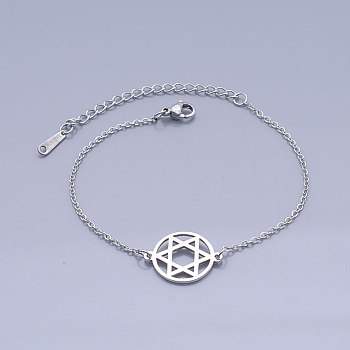 201 Stainless Steel Link Bracelets, for Jewish, with Lobster Claw Clasps, Flat Round with Star of David, Stainless Steel Color, 6-5/8 inch~6-7/8 inch(16.7~17.4cm)