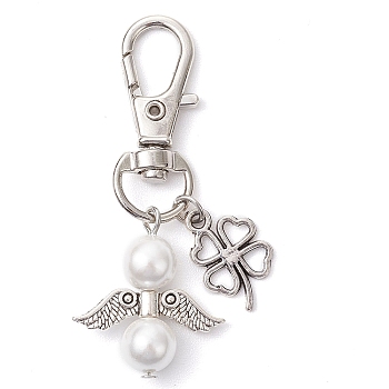 Angel Shell Pearl Pendant Decorations, Alloy Clover and Swivel Lobster Claw Clasps Charms for Bag Ornaments, Antique Silver & Platinum, 54mm