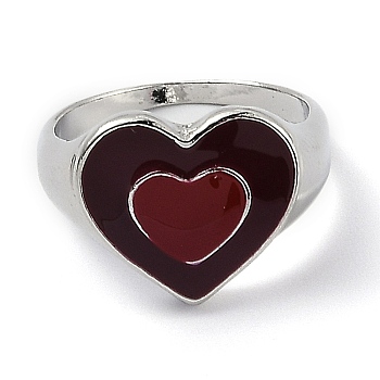 Alloy Enamel Finger Rings, Heart, Platinum, Dark Red, US Size 7, Inner Diameter: 17.8mm