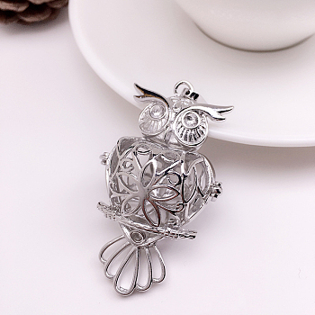 Brass Bead Cage Pendants, Hollow Owl Charms, for Chime Ball Pendant Necklaces Making, Platinum, 18mm