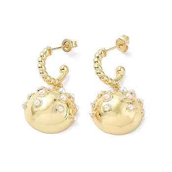 ABS Plastic Imitation Pearl Beaded Ring with Half Round Dangle Stud Earrings, Brass Half Hoop Earrings for Women, Real 18K Gold Plated, 30.5mm, Pin: 0.7mm