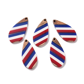 Independence Day Opaque Striped Resin & Walnut Wood Pendants, Geometric Charms, Teardrop, 38x18.3x3.5mm, Hole: 2mm