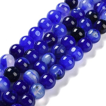 Natural Striped Agate/Banded Agate Beads Strands, Dyed, Round, Blue, 10mm, Hole: 1.2mm, about 19pcs/strand, 7.60''(19.3cm)