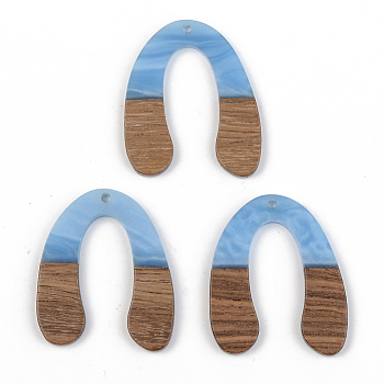 Opaque Resin & Walnut Wood Pendants, U Shape, Cornflower Blue, 38x32x3mm, Hole: 2mm