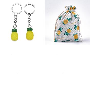 AHADERMAKER Polycotton(Polyester Cotton) Packing Pouches Drawstring Bags, with Pineapple Resin Pendants Keychains, Mixed Color, Keychains: 9cm, Bags: 18x13cm, 12pcs/style