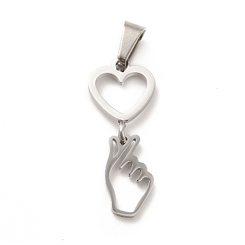 304 Stainless Steel Pendants, Gesture for Finger Heart Charms, Stainless Steel Color, 29mm, Hole: 7x4mm, heart: 16x11.5x1mm, hand: 14x8.5x1mm