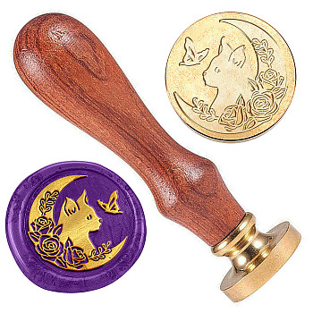 Golden Plated Brass Sealing Wax Stamp Head, with Wood Handle, for Envelopes Invitations, Gift Cards, Cat Shape, 83x22mm, Head: 7.5mm, Stamps: 25x14.5mm