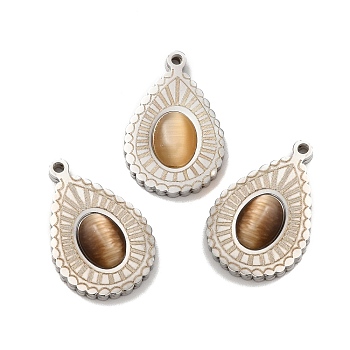 304 Stainless Steel Pendants, with Cat Eye, Teardrop Charm, Stainless Steel Color, 21x13.5x4mm, Hole: 1.4mm