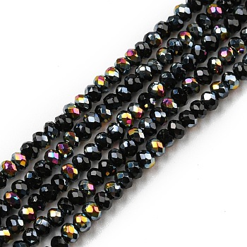 Electroplate Glass Beads Strands, Half Plated, Faceted, Rondelle, Black, 2~2.3x1.7~1.9mm, Hole: 0.3mm, about 208~214pcs/strand, 14.06~14.33''(35.7~36.4cm)