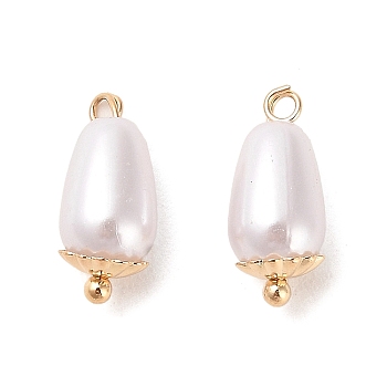 ABS Plastic Imitation Pearl Pendants, with Real 18K Gold Plated Rack Plating Brass Findings, Oval Charm, White, 14x6mm, Hole: 1.2mm