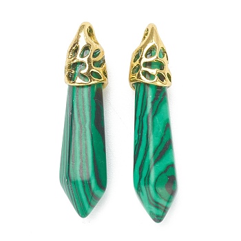Bullet Natural Malachite Pendants, with Platinum Tone Alloy Findings, 33~40x8~10mm, Hole: 3x2mm