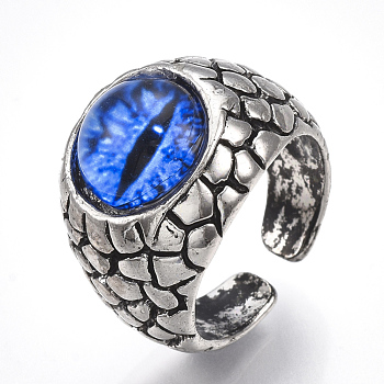 Alloy Glass Cuff Finger Rings, Wide Band Rings, Dragon Eye, Antique Silver, Blue, Size 9, 19mm