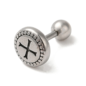 304 Stainless Steel Stud Earrings, Barbell Cartilage Earrings, Flat Round with Cross, Antique Silver, 7.8mm