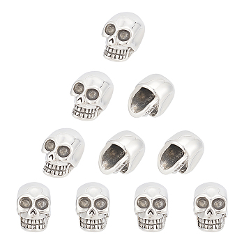 10Pcs 304 Stainless Steel Beads, Skull, Large Hole Beads, Antique Silver, 18x11.5x13mm, Hole: 4mm