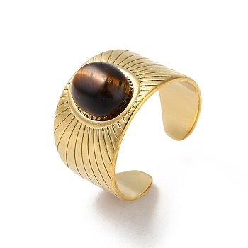 304 Stainless Steel Cuff Rings, with Natural Tiger Eye, Oval, Adjustable