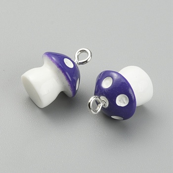 Opaque Resin Pendants, with Platinum Tone Alloy Loops, Mushroom Charm with Polka Dot Pattern, Indigo, 15x11mm, Hole: 2mm