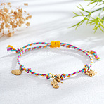 Adjustable Ocean Stainless Steel Charm Braided Cotton Cord Bracelets, Golden, Purple, 11.02 inch(28cm)(CF1138-1)