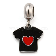 304 Stainless Steel Enamel European Dangle Charms, Large Hole Pendants, Clothes with Red Heart, Stainless Steel Color, Black, 22mm, Hole: 4.5mm, Pendant: 13x14x1.5mm(STAS-I177-17A-P)