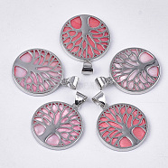 Freshwater Shell Pendants, with Alloy Findings, Dyed, Flat Round with Tree of Life, Platinum, Hot Pink, 37.5x33.5x3mm, Hole: 6x8.5mm(SHEL-S275-01D)