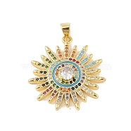 Brass Micro Pave Cubic Zirconia Pendants, Real 18K Gold Plated, Sun, Turquoise, 29.5x26.5x5mm, Hole: 4x3.5mm(KK-E111-37G-02)