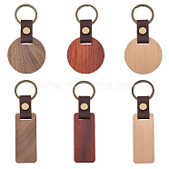 6Pcs 6 Style Wooden Pendant Keychain, with Imitation Leather and Iron Findings, Flat Round & Rectangle, Mixed Color, 93~111mm, 1pc/style(KEYC-CA0001-52)