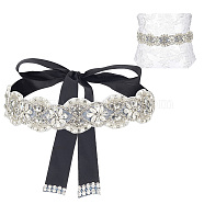 Brass Flower Bridal Belt with Glass Rhinestones for Wedding Dress, Polyester Ribbon with ABS Plastic Pearl Beaded Exquisite Sash for Wedding Belt, Black, 104-3/4 inch(266cm)(AJEW-WH0455-005B)