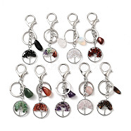 Natural & Synthetic Opalite Mixed Gemstone Keychain, with Platinum Plated Iron Split Key Rings, Flat Round with Tree of Life, 10.5cm(KEYC-M022-01)