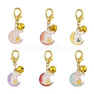 Moon with Rabbit Alloy Enamel Pendant Decoraiton, with Brass Bell Charms and Zinc Alloy Lobster Claw Clasps, Mixed Color, 35mm, 6pcs/set(HJEW-JM00961)