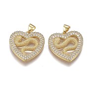 Brass Micro Pave Clear Cubic Zirconia Pendants, with Snap on Bails, Long-Lasting Plated, Heart with Dragon, Real 18K Gold Plated, 21x21.5x3mm, Hole: 5mm(ZIRC-A011-12G)