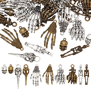 60Pcs 10 Styles Alloy Pendants, Hand Bone & Skeleton Charm, Mixed Color, 19~42.5x9~21.5x3~9.5mm, Hole: 1.5~5x1.5~4.5mm, 6pcs/style(FIND-FG0002-80)