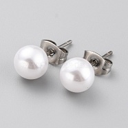 Acrylic Imitation Pearl Ball Stud Earrings, with 304 Stainless Steel Ear Nuts, Round, White, 17.5x7mm, Pin: 0.7mm(STAS-Z035-05E-01)