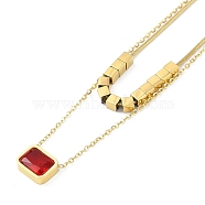 Ion Plating(IP) Golden Tone 304 Stainless Steel Pave Cubic Zirconia Rectangle Pendant Necklaces for Women, Red, 16.14 inch(41cm)(NJEW-K276-09G-01)