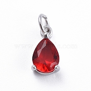 Brass Micro Pave Cubic Zirconia Pendants, with Jump Ring, Teardrop, Platinum, Red, 11.5x6.5x4mm, Hole: 3mm(ZIRC-E164-64P-A)