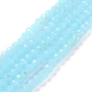 Electroplate Glass Beads Strands, Imitation Jade Beads, Half Plated, Rainbow Plated, Faceted, Rondelle, Light Sky Blue, 10x8mm, Hole: 1mm, about 63~65pcs/strand, 19.2~20 inch(48~50cm)(EGLA-A034-J10mm-L06)