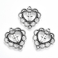 Tibetan Style Alloy Pendants, Crosslet Heart Pendants, Lead Free & Cadmium Free, Heart with Cross, Antique Silver, 21.5x20x3mm, Hole: 1.4mm(TIBE-YW0001-43)