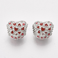 Alloy European Beads, with Red Enamel, Large Hole Beads, Heart, Platinum, 10x12x7.5mm, Hole: 4.5mm(MPDL-S067-37)