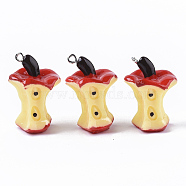 Resin Pendants, with Platinum Plated Iron Loop, Apple Core, Imitation Food, Red, 30~32x21~22x17~20mm, Hole: 1.8mm(RESI-N023-01)