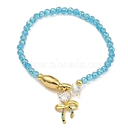 Rack Plating Brass and Glass Stretch Bracelets, Cadmium Free & Lead Free, Long-Lasting Plated, Micro Pave Cubic Zirconia Bowknot, Light Blue, Inner Diameter: 2-1/8 inch(5.5cm), bowkont: 21x14x5mm(BJEW-B106-04G-02)