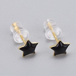 Brass Enamel Stud Earrings, with Plastic Ear Nuts, Long-Lasting Plated, Star, Real 18K Gold Plated, Black, 6x6mm, Pin: 0.8mm(EJEW-L231-67A)