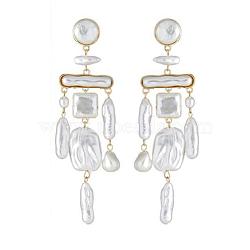 ABS Imitating Baroque Pearl Geometry Chandelier Earrings, Golden Alloy Long Tassel Earrings, WhiteSmoke, 114.5x29.5mm, Pin: 0.65mm(JE1115A)