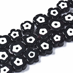 Handmade Lampwork Beads Strands, Flower with Evil Eye, Black, 10~13x10~13x3~4.5mm, Hole: 0.9mm, about 36~37pcs/strand, 15.35 inch~15.94 inch(39~40.5cm)(X-LAMP-N023-002B-01)