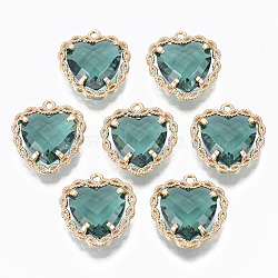 Glass Pendants, with Brass Open Back Settings, Faceted, Heart, Light Gold, Medium Turquoise, 18x16~17x5.5mm, Hole: 1.2mm(GLAA-T021-04E)