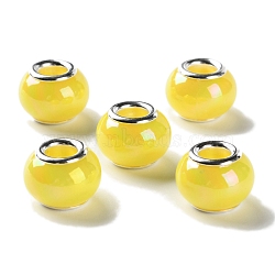 Opaque Brass Cores Acrylic European Beads, Round, Large Hole Bead, Silver, Yellow, 14x10mm, Hole: 5mm(OACR-M024-04S-09)