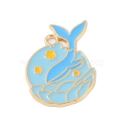 Rack Plating Alloy Pendants, with Enamel, Golden, Flat Round with Fishtail Charm, Sky Blue, 29x21.5x1.5mm, Hole: 2mm(FIND-C059-02G-02)