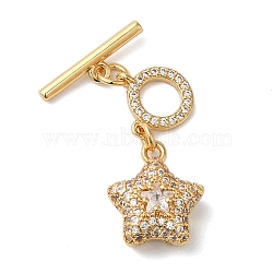 Brass Micro Pave Clear Cubic Zirconia Toggle Clasps, Star, Real 18K Gold Plated, 31mm, Bar: 16x4x1mm, Hole: 1.2mm; Ring: 9x10x2mm, Hole: 1mm(KK-N254-81G)