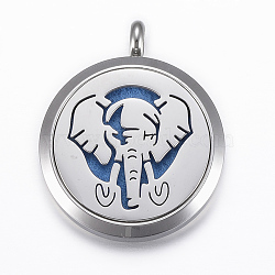 316 Surgical Stainless Steel Diffuser Locket Pendants, with Perfume Pad and Magnetic Clasps, Flat Round with Elephant, Stainless Steel Color, Dodger Blue, 37x30x6.5mm, Hole: 5mm, inner diameter: 23mm(STAS-H404-08A)