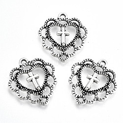 Tibetan Style Alloy Pendants, Crosslet Heart Pendants, Lead Free & Cadmium Free, Heart with Cross, Antique Silver, 21.5x20x3mm, Hole: 1.4mm(TIBE-YW0001-43)