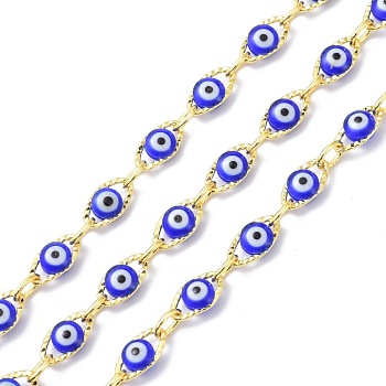 Brass & Enamel Link Chains, Long-Lasting Plated, Evil Eye, Unwelded, with Spool, Golden, 5.5~10.5x4~5.5x1~3.5mm, about 10.93 yards(10m)/roll